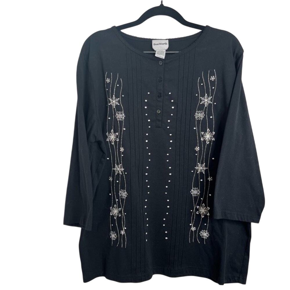 Bon Worth Vintage Women’s Large Black White Embroidered Floral Top Blouse